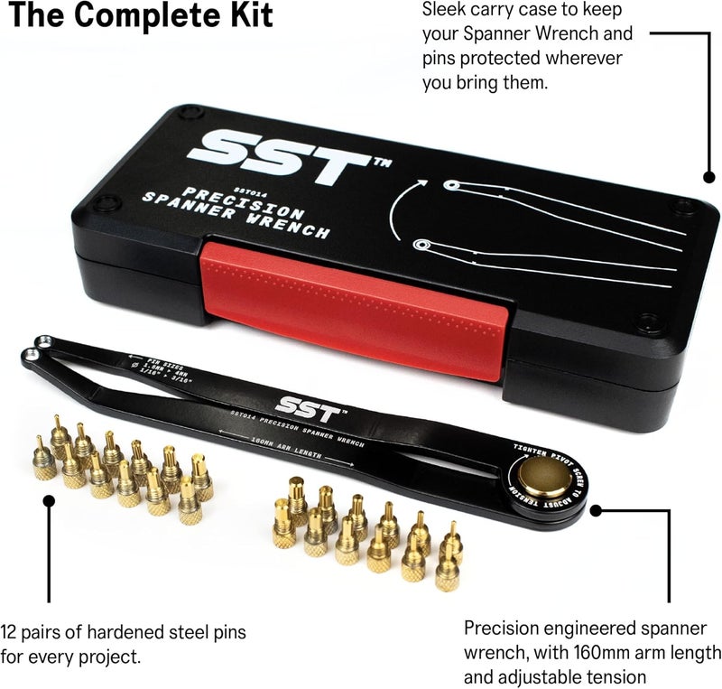 Stupid Simple Tools SST® - Precision Spanner Wrench – For Obscure Hardware & Fasteners – Includes 12 Metric & Imperial Steel Pin Sizes – Adjustable Tension – 160mm Arm – 180° Movement – With Storage Case - Image 3